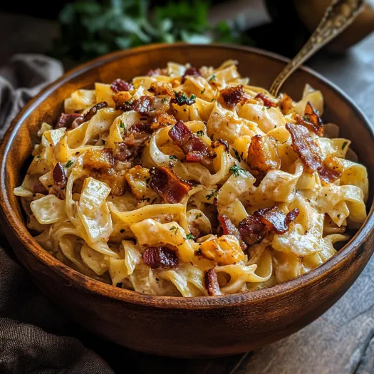 A bowl of pasta with bacon and onions.