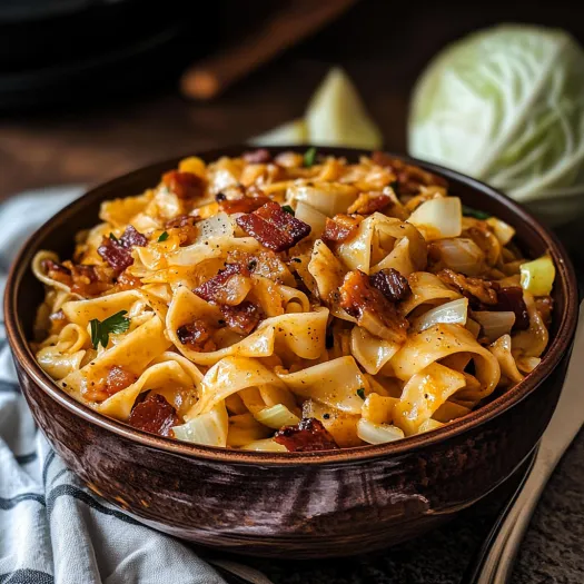 A bowl of noodles with onions and bacon.