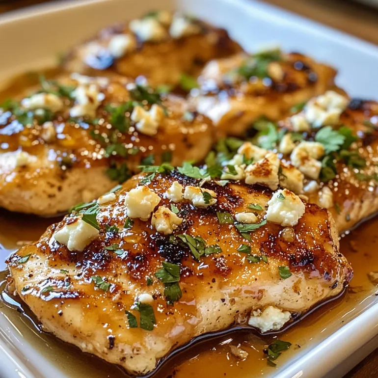 A plate of chicken with feta cheese and honey.