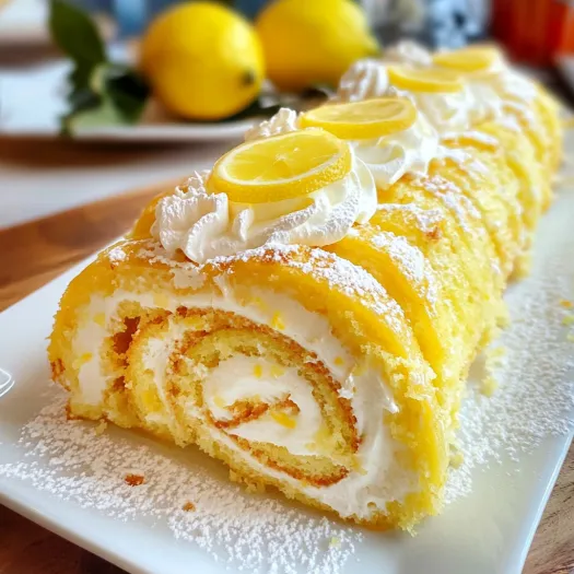 A lemon cake roll with white icing and yellow lemon wedges.