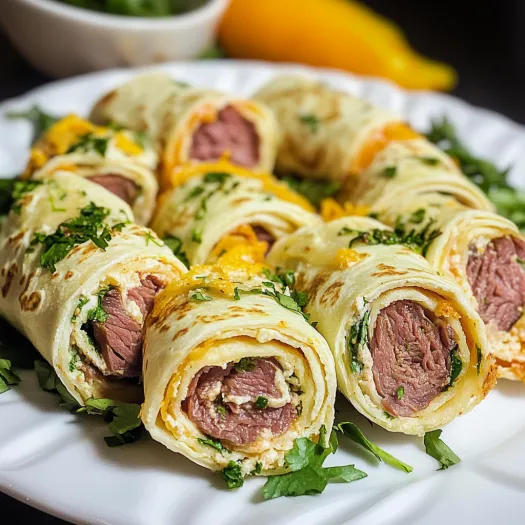 A plate of easy roast beef tortilla rollups.