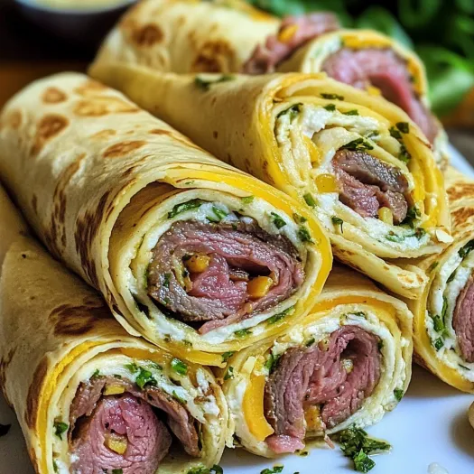 A plate of easy roast beef tortilla rollups.