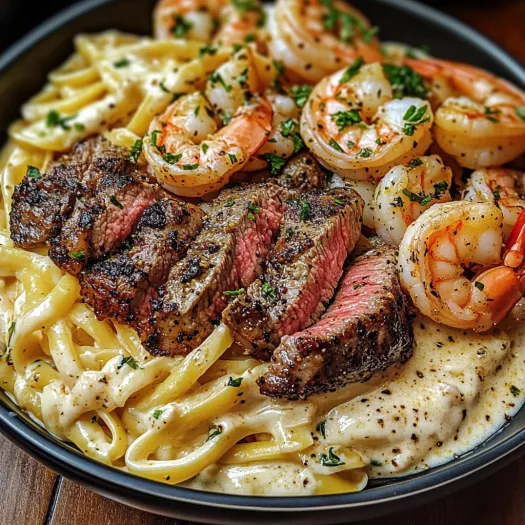 A bowl of food with shrimp and steak.