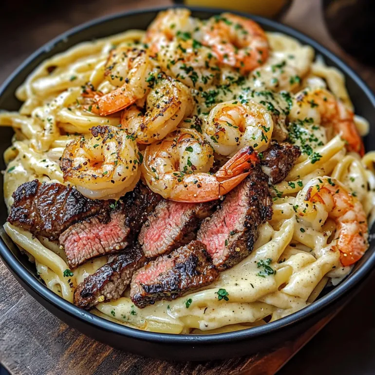 A bowl of spicy blackened steak and shrimp alfredo.