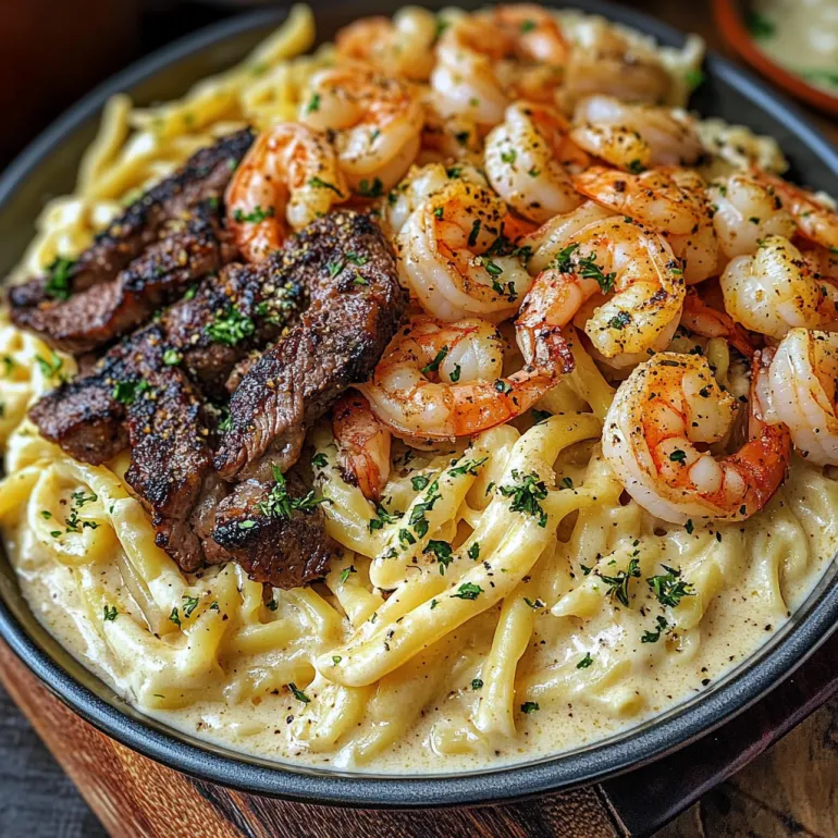 A bowl of spicy blackened steak and shrimp alfredo.
