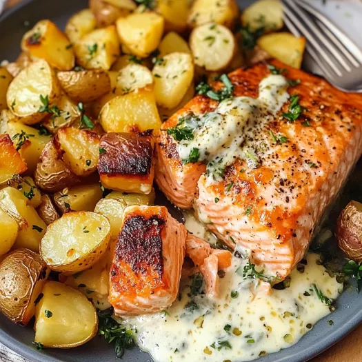A plate of baked salmon with roasted potatoes and cheesy sauce.