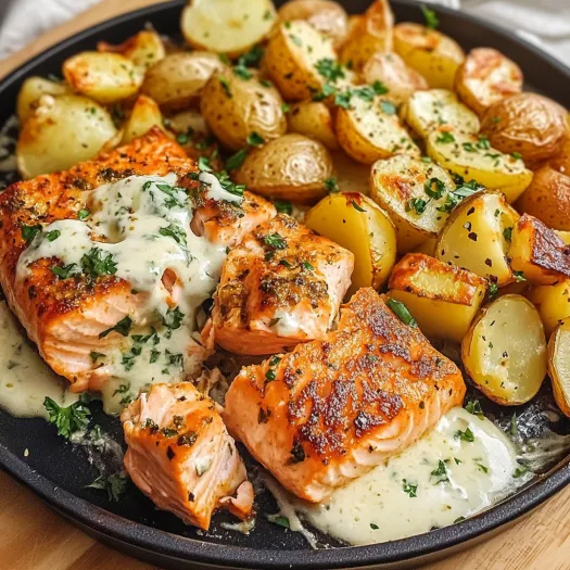 A plate of baked salmon with roasted potatoes and cheesy sauce.