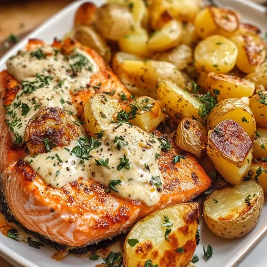 A plate of baked salmon with roasted potatoes and cheesy sauce.
