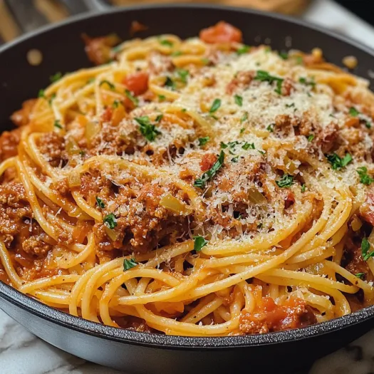 A bowl of spaghetti bolognese with a green herb on top.