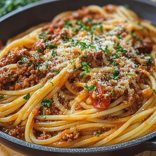 A bowl of spaghetti bolognese with a green herb on top.