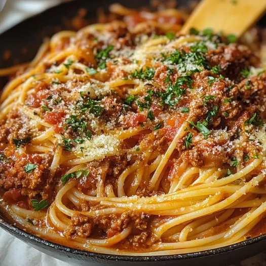 A bowl of spaghetti bolognese with meat and cheese.