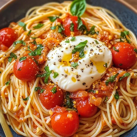 A bowl of spaghetti with tomatoes and cheese.