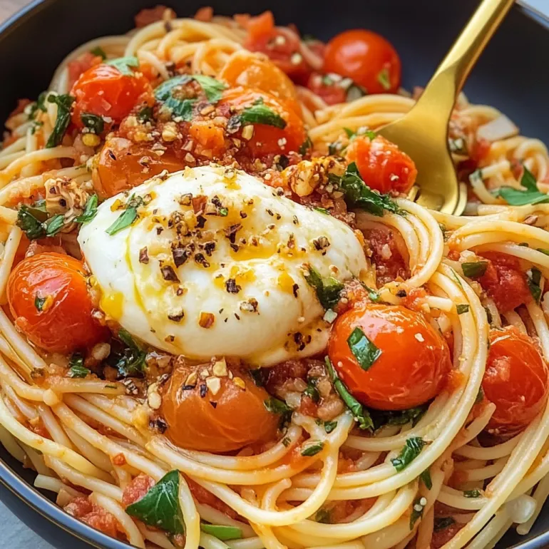A bowl of spaghetti with tomatoes and burrata.
