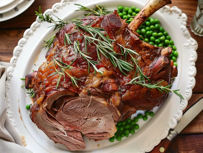 A plate of meat with a sprig of rosemary on top.