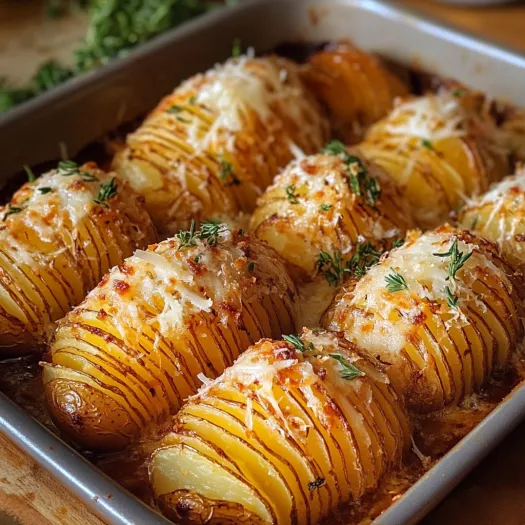 A pan of duck fat hasselback potatoes with parmesan cheese.