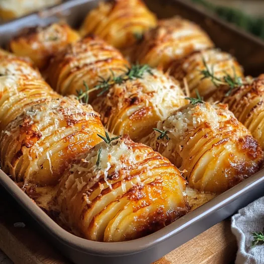 A pan of duck fat hasselback potatoes with parmesan cheese.