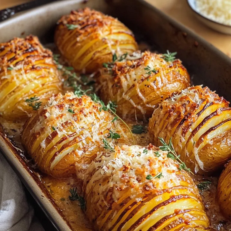 A pan of duck fat hasselback potatoes with parmesan.