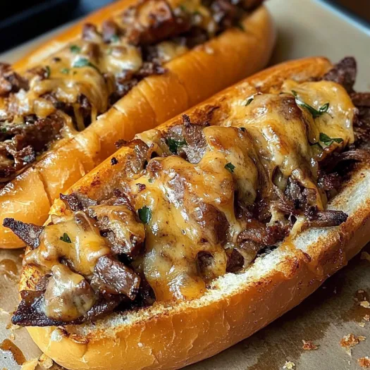 A close up of a cheesesteak sandwich with meat and cheese.