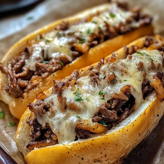 Two cheesesteak sandwiches with cheese and onions.
