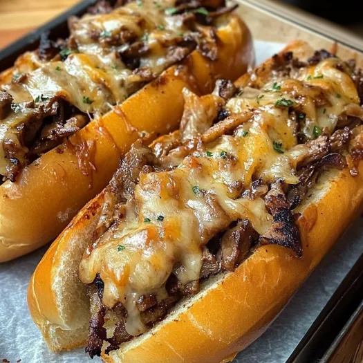 Two cheesesteak sandwiches on a tray.