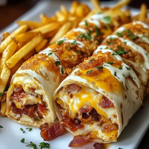 A plate of cheesy bacon breakfast wraps with fries.