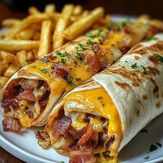 Two cheesy bacon breakfast wraps with fries.