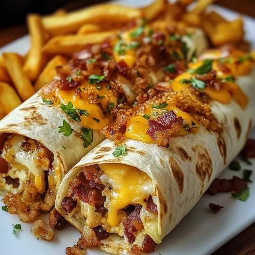 A cheesy bacon breakfast wrap with fries.
