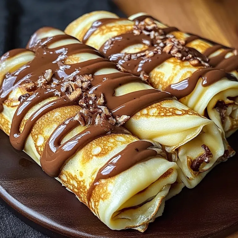 A plate of crêpes with chocolate drizzled on top.