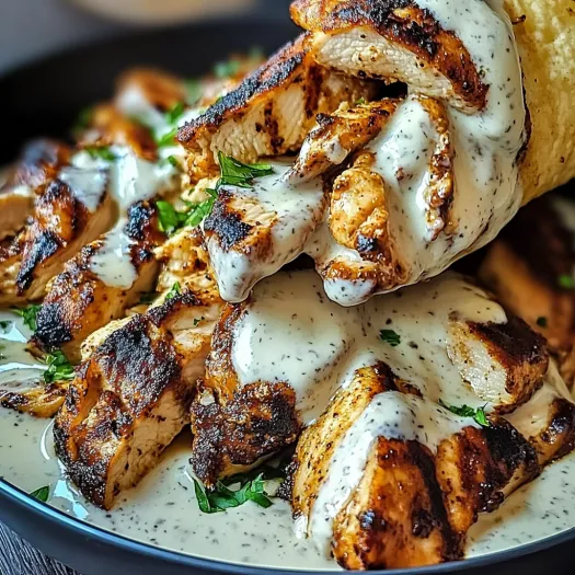 A plate of chicken shawarma with creamy garlic sauce.