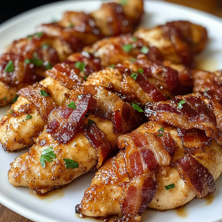 Bacon wrapped chicken bites with a cheesy sauce.