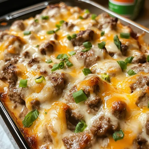 A casserole dish filled with meat and cheese.
