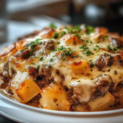 A plate of food with the words "Philly Cheese Steak Casserole" written on it.