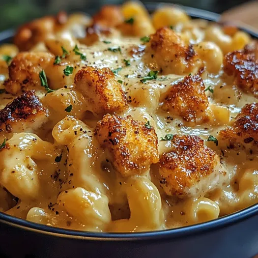 A bowl of creamy honey pepper chicken mac and cheese.