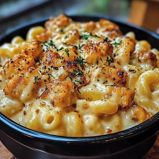 A bowl of creamy honey pepper chicken mac and cheese.