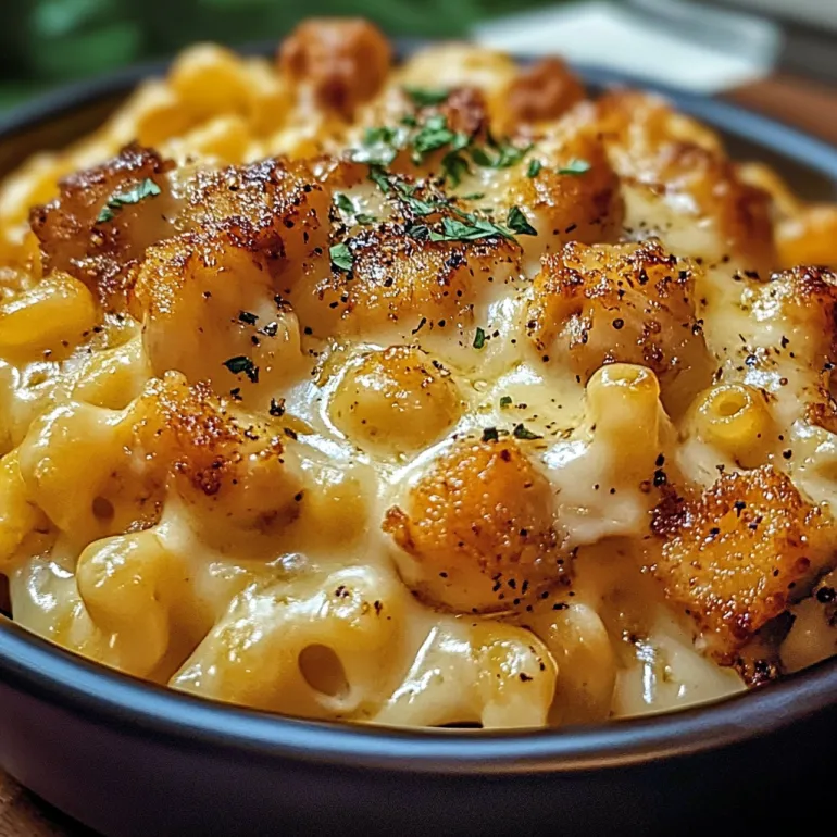 A bowl of creamy honey pepper chicken mac and cheese.