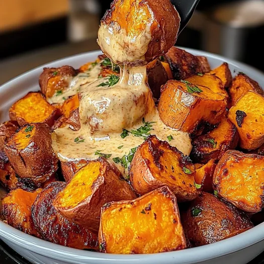 A bowl of roasted sweet potatoes with a dollop of chipotle sauce.