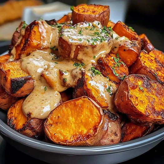 A bowl of roasted sweet potatoes with a sauce.