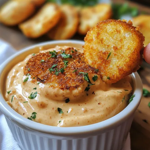 A person is holding a piece of bread over a bowl of Louisiana remoulade sauce.
