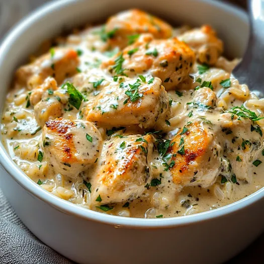 A bowl of creamy herb chicken and basmati rice.