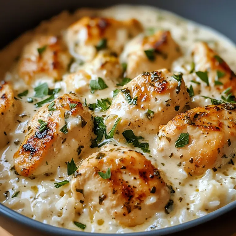 A bowl of creamy herb chicken and basmati rice.