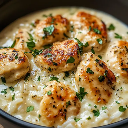 A bowl of creamy herb chicken and basmati rice.