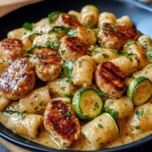 A plate of chicken sausages and zucchini.