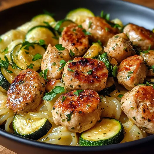 A bowl of chicken sausages and zucchini.