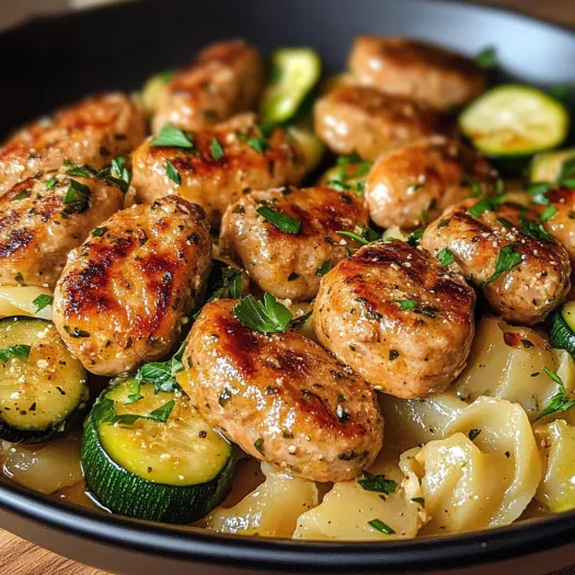 A plate of chicken sausages and zucchini.