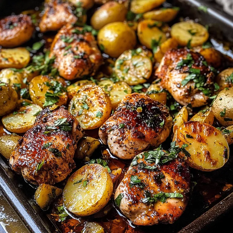 Chicken and potatoes on a sheet pan.