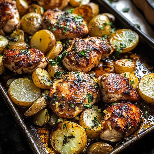 A pan of chicken and potatoes with a lemon balsamic glaze.
