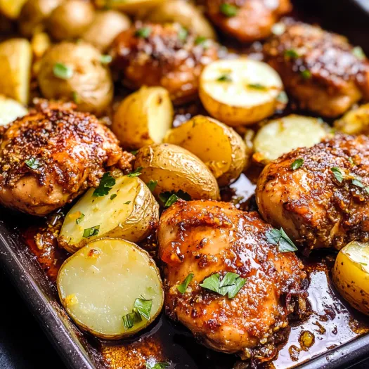 A pan of chicken and potatoes with a lemon balsamic sauce.