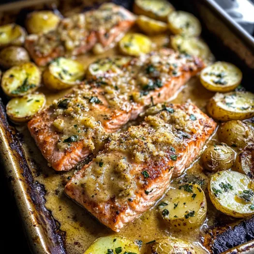 A pan of salmon and potatoes.