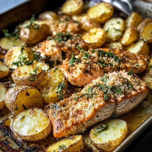 A pan of salmon and potatoes.