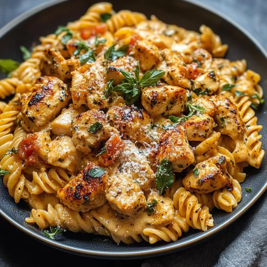 A plate of pasta with chicken and tomatoes.